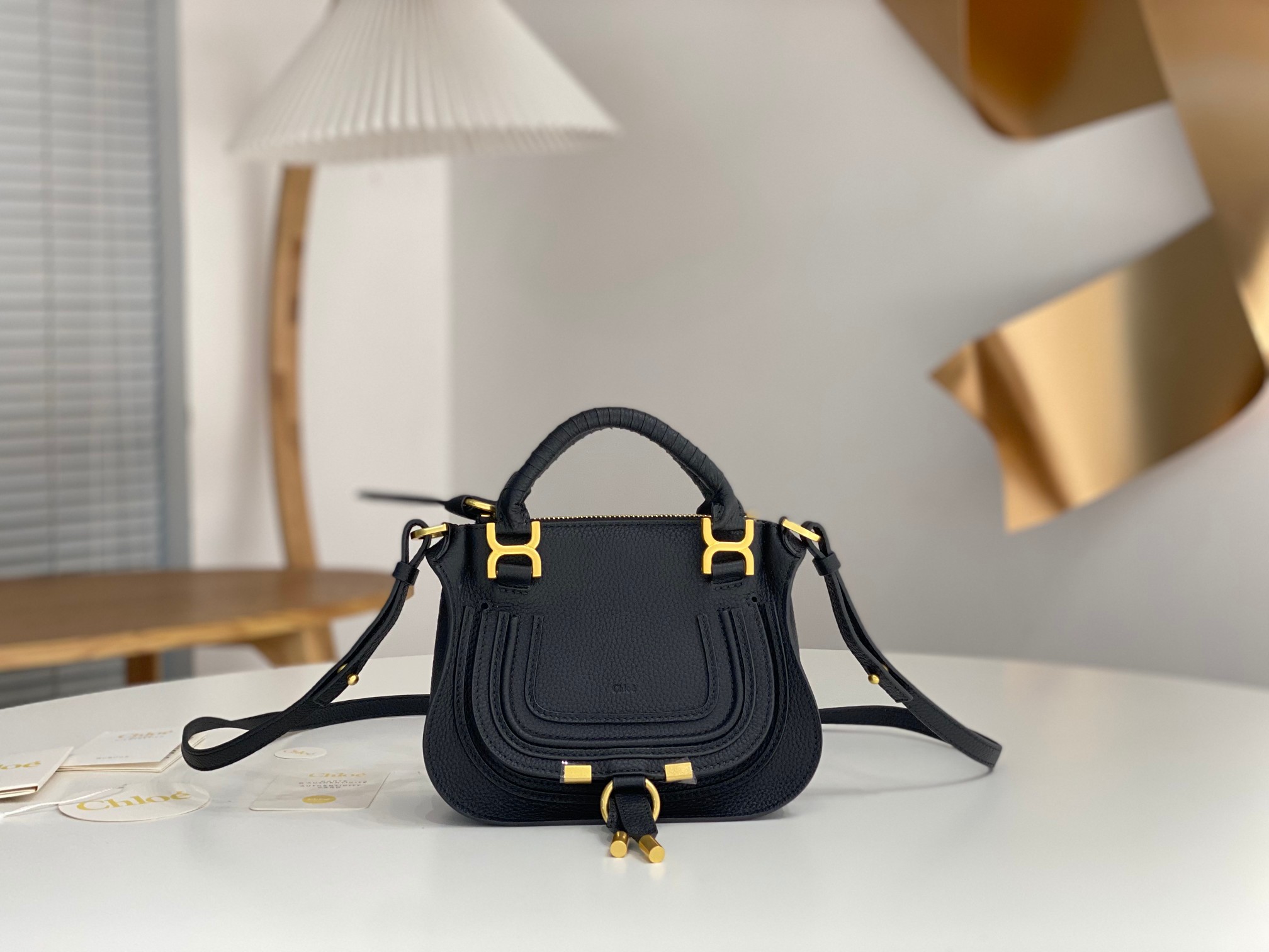 Chloe Mini Marcie Bag In Black Grained Leather